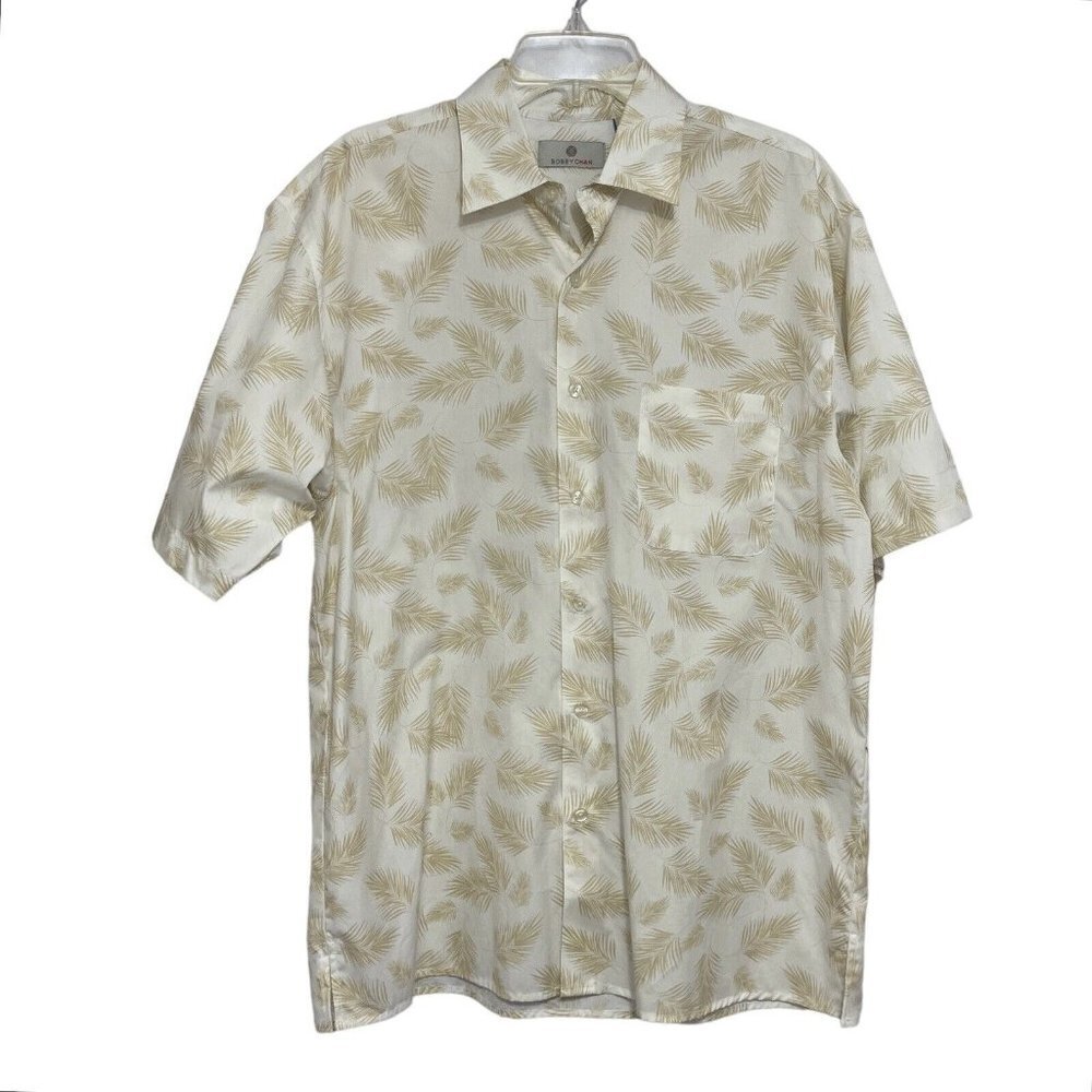 BOBBY CHAN Men's Casual Button-Up Shirt Medium White‎ Tan Fronds Hawaiian Summer